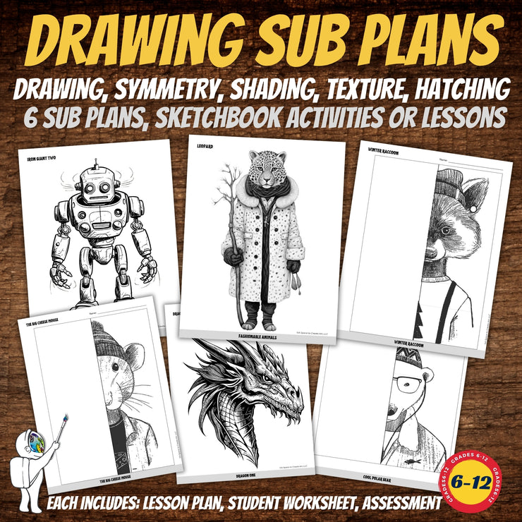 Drawing Sub Packets, 6 Art Sub Plans, Middle or High School Art Activi ...