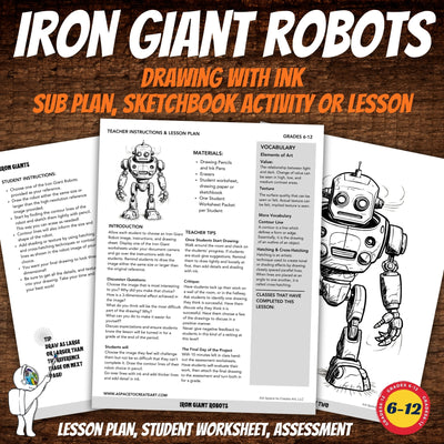 Drawing Iron Giant Robot Worksheet Packet, Art Sub Plan, Middle, High School Art
