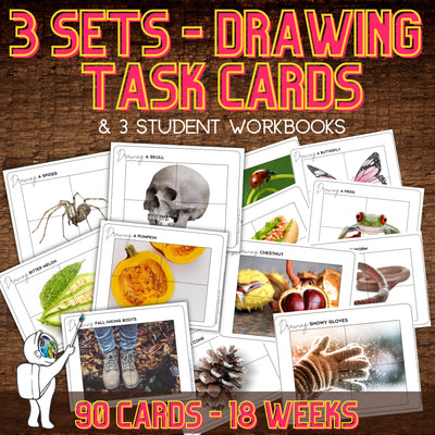 Seasonal Drawing Task Cards & Workbook, Middle, High School Art