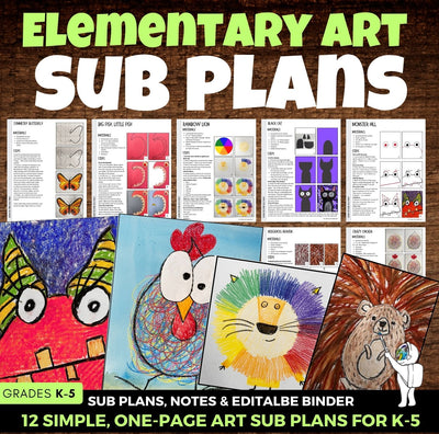 12 Elementary Art Sub Plans Bundle & Binder