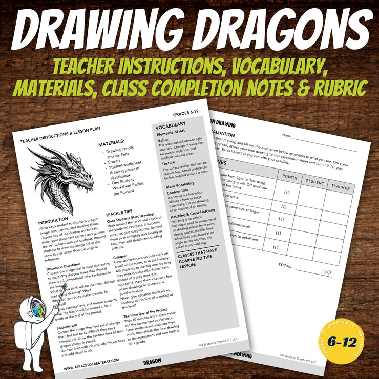 Drawing Dragons Worksheet Packet, Art Sub Plan, Middle or High School Art