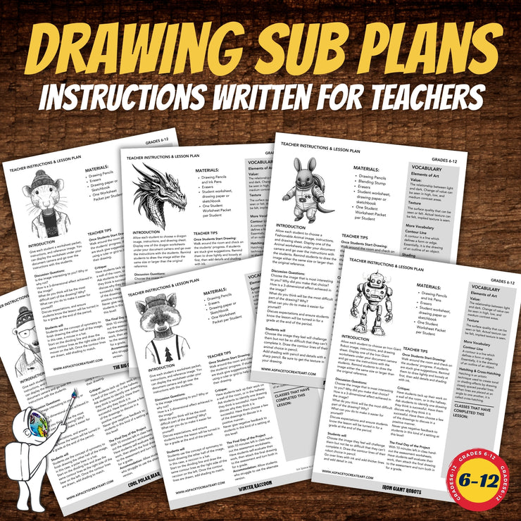 Drawing Sub Packets, 6 Art Sub Plans, Middle or High School Art Activity