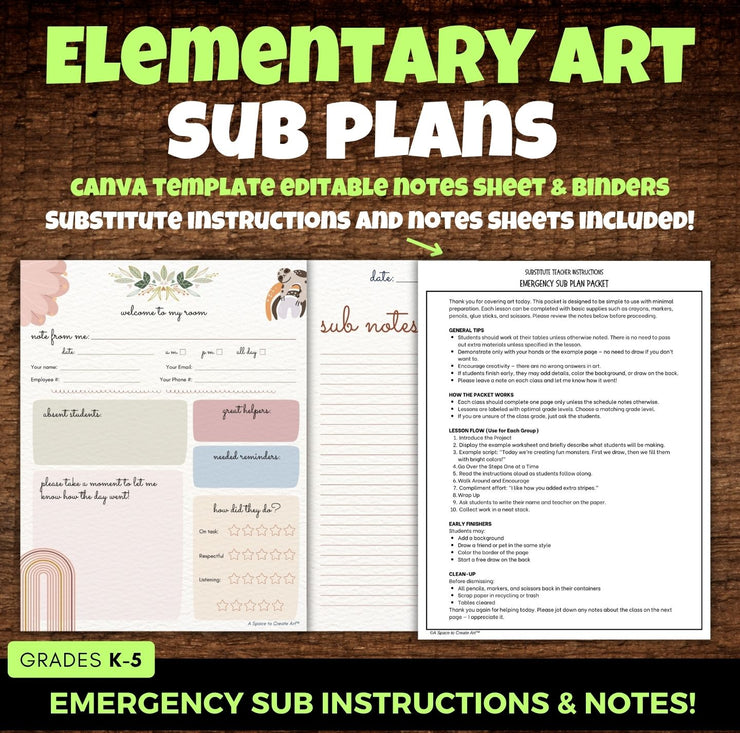 12 Elementary Art Sub Plans Bundle & Binder