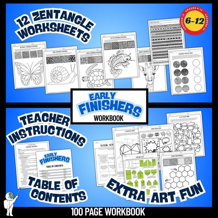 100 pages, Early Finishers Art Activities Worksheets, Bellwork Middle School Art