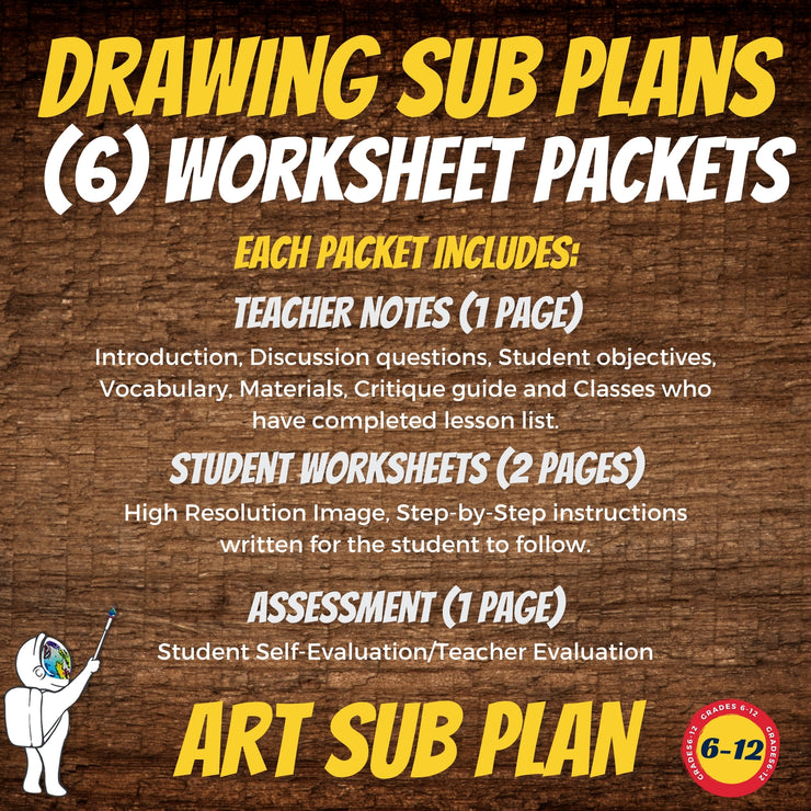 Drawing Sub Packets, 6 Art Sub Plans, Middle or High School Art Activity