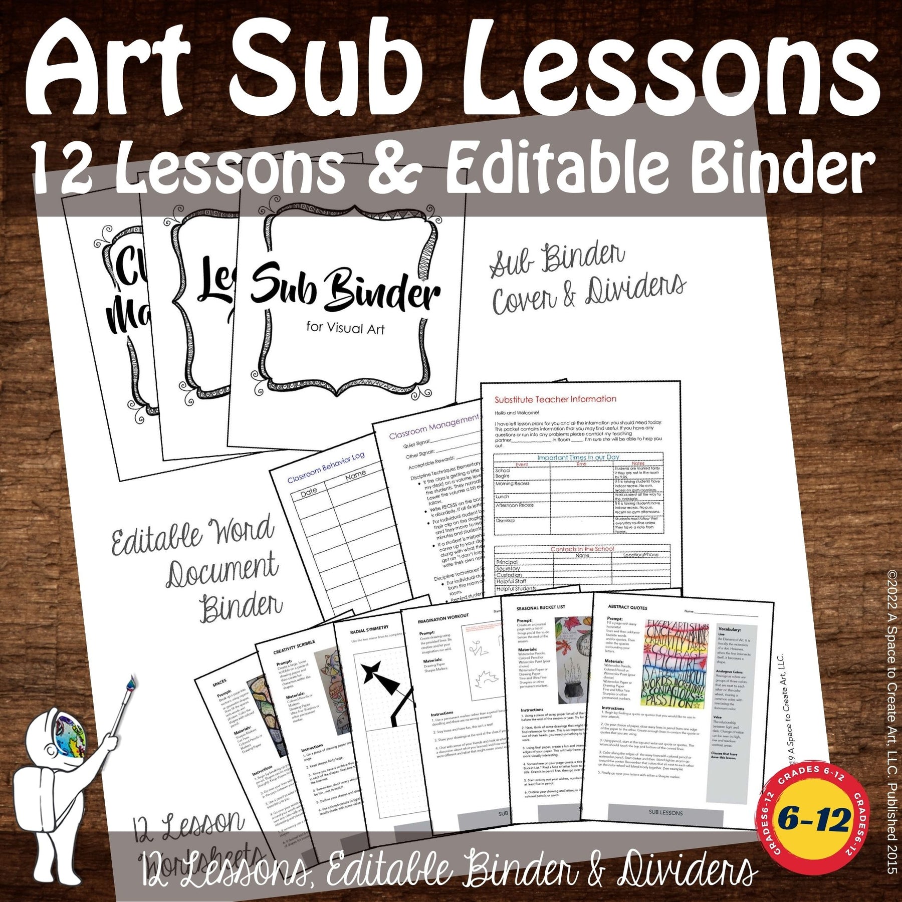 12 Art Sub Lessons with Editable Binder – A Space to Create Art