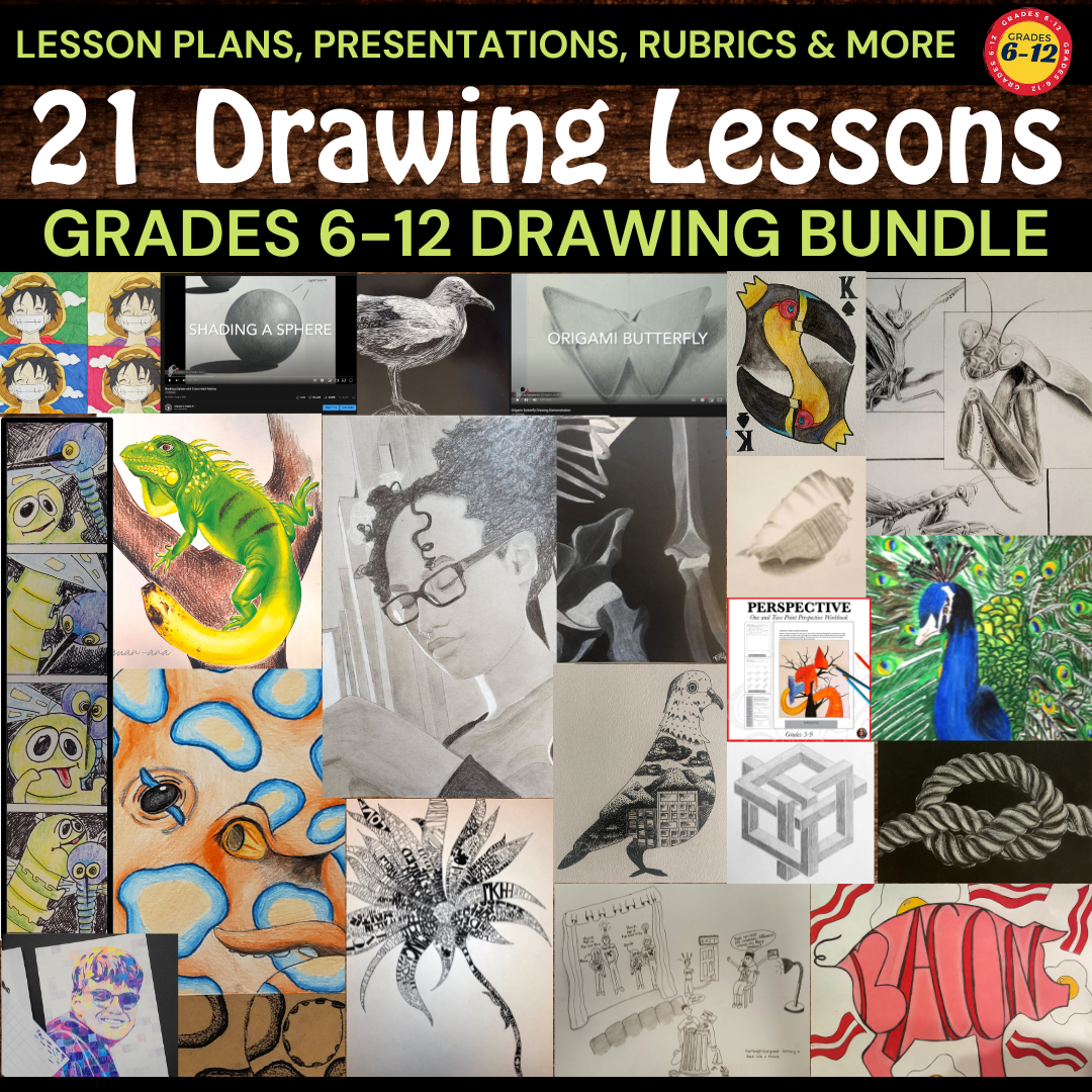22 Fun Drawing Lesson Bundle, Middle School & High School Visual Art B ...