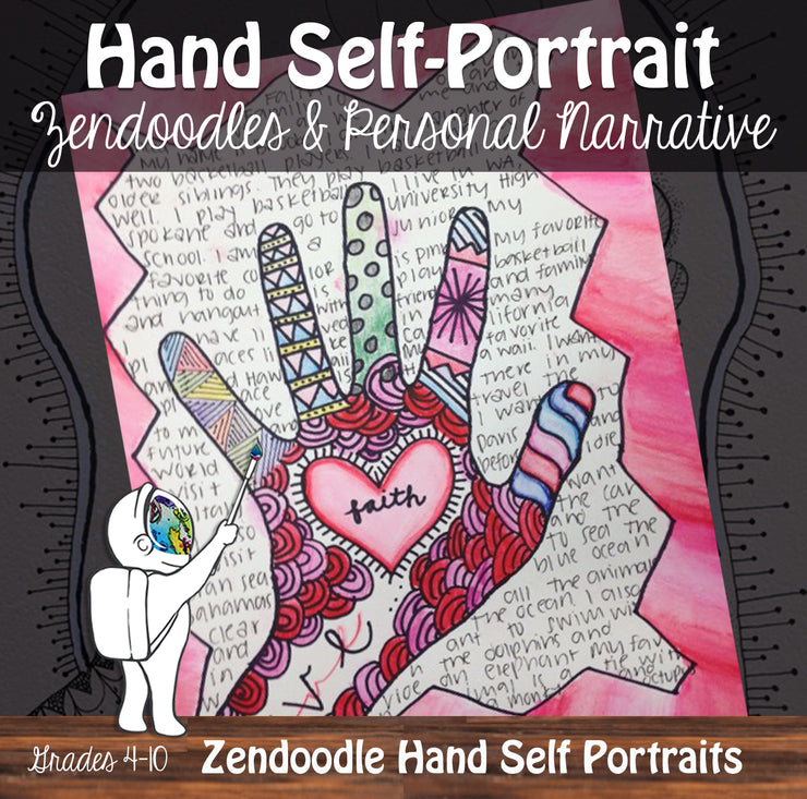Zendoodle Hand Self Portraits - Back to School Middle, High School Art & ELA