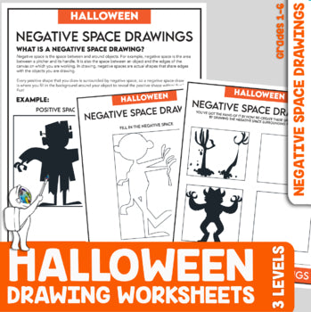 Halloween Negative Space Drawing Worksheets- Halloween Elementary Art Activities